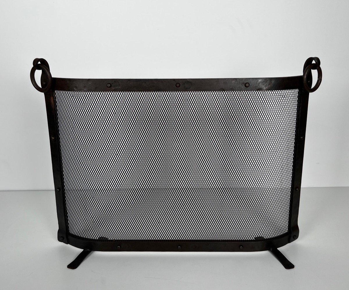 Curved Riveted Wrought Iron Fireplace Screen With Rings. French Work In The Style Of J Adnet-photo-8