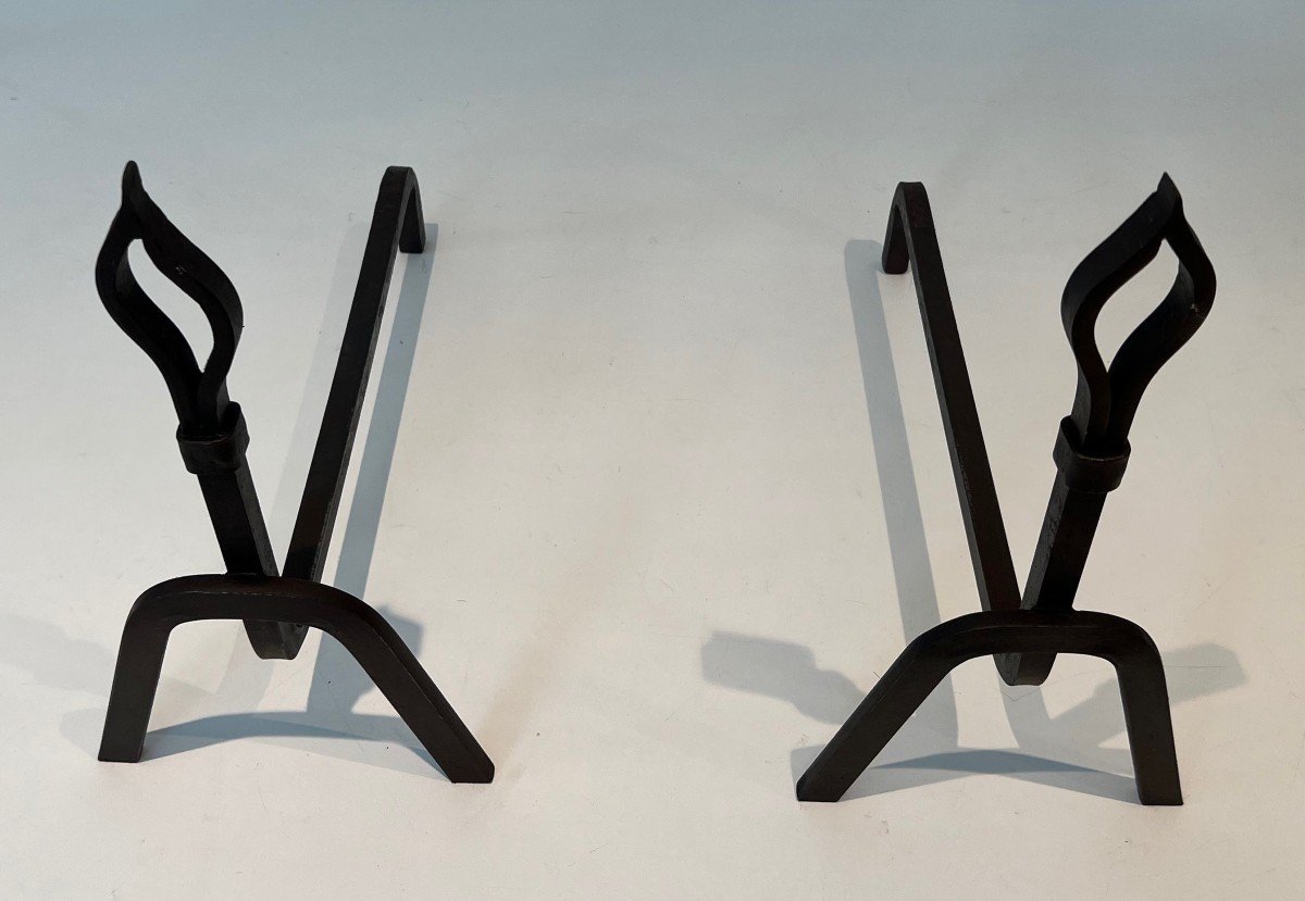 Pair Of Modernist Wrought Iron Andirons. French Work. Circa 1950-photo-2