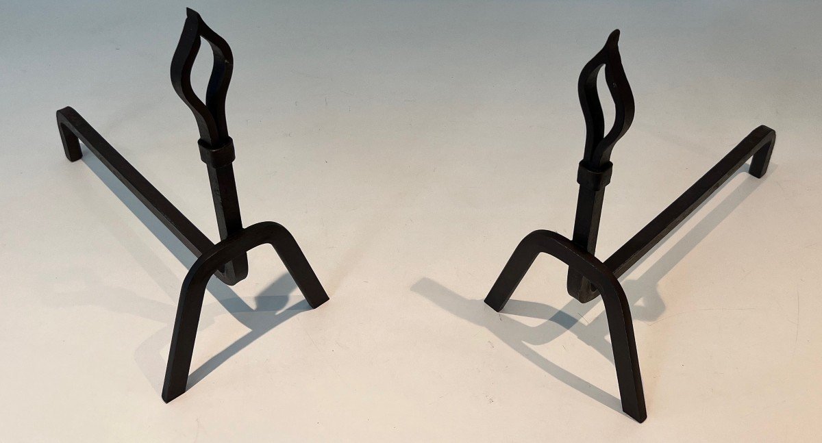 Pair Of Modernist Wrought Iron Andirons. French Work. Circa 1950-photo-4