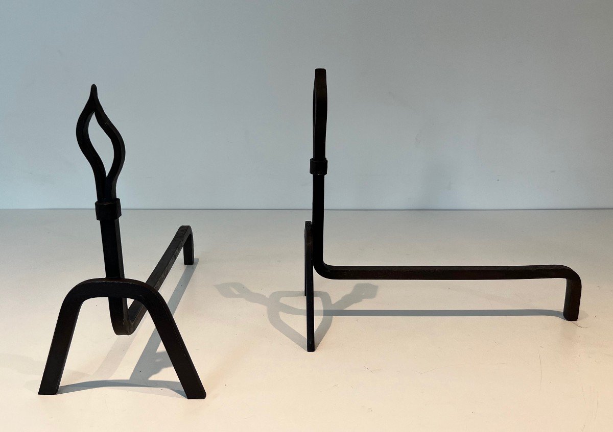 Pair Of Modernist Wrought Iron Andirons. French Work. Circa 1950-photo-1