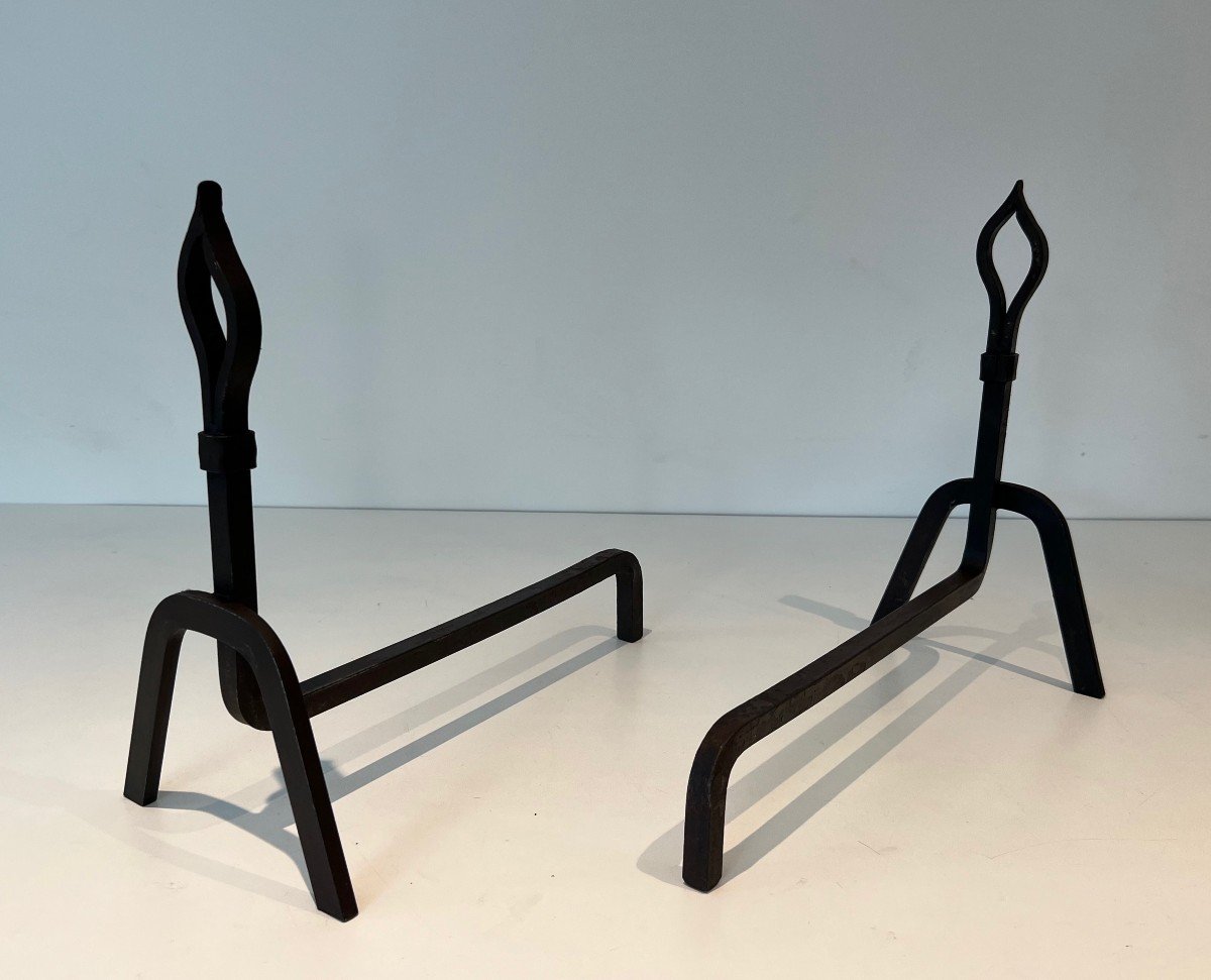 Pair Of Modernist Wrought Iron Andirons. French Work. Circa 1950-photo-2