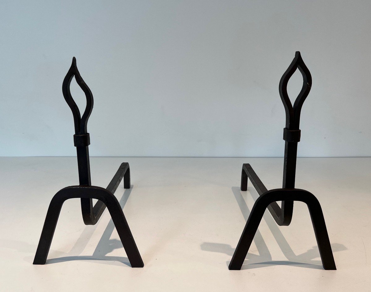 Pair Of Modernist Wrought Iron Andirons. French Work. Circa 1950
