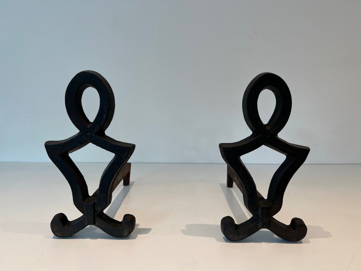 Pair Of Modernized Andirons In Cast Iron And Wrought Iron. French Work By Raymond Subes. Around 1940-photo-2
