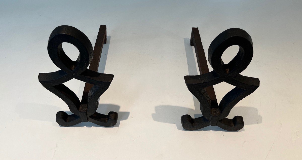 Pair Of Modernized Andirons In Cast Iron And Wrought Iron. French Work By Raymond Subes. Around 1940-photo-3