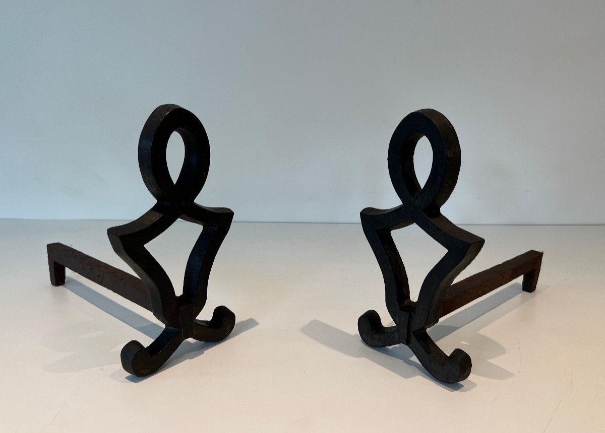 Pair Of Modernized Andirons In Cast Iron And Wrought Iron. French Work By Raymond Subes. Around 1940-photo-4