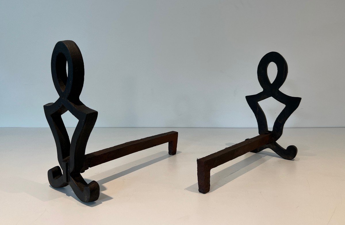 Pair Of Modernized Andirons In Cast Iron And Wrought Iron. French Work By Raymond Subes. Around 1940-photo-2