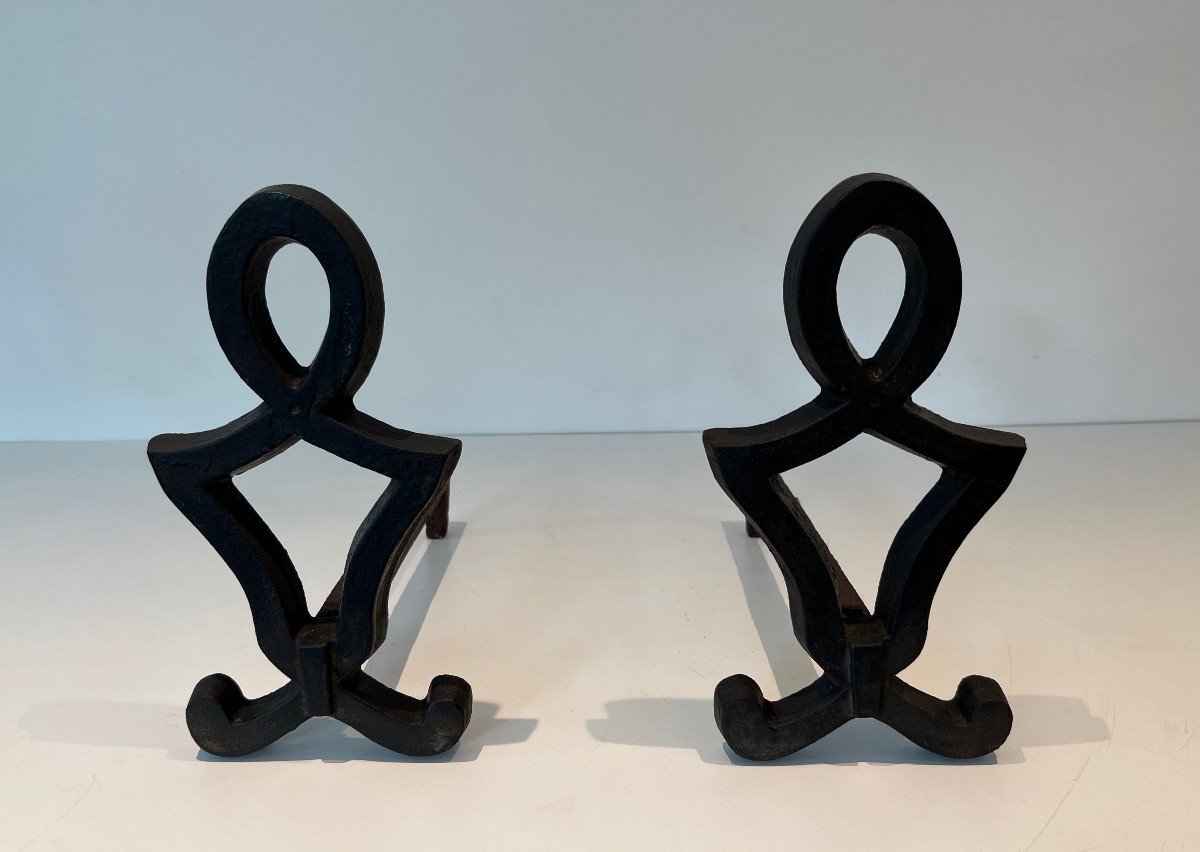 Pair Of Modernized Andirons In Cast Iron And Wrought Iron. French Work By Raymond Subes. Around 1940-photo-8