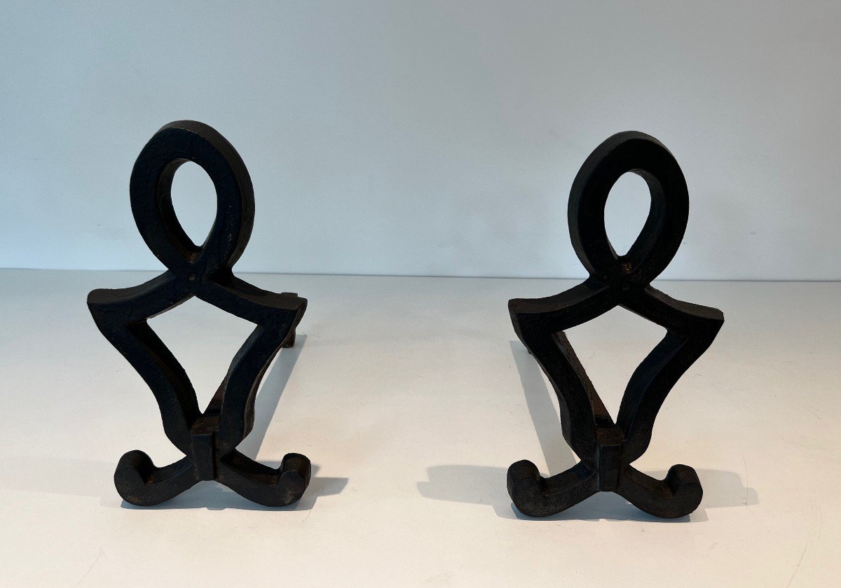 Pair Of Modernized Andirons In Cast Iron And Wrought Iron. French Work By Raymond Subes. Around 1940
