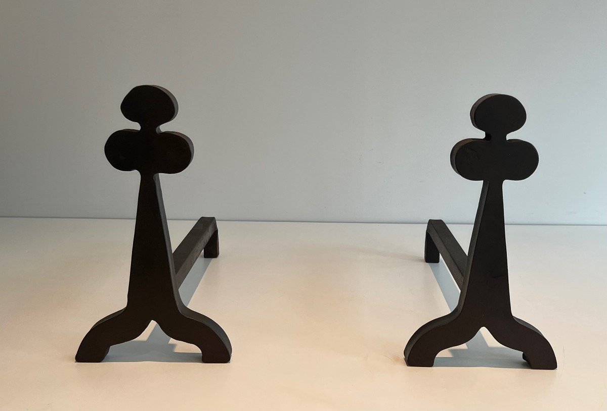 Pair Of Steel And Wrought Iron Andirons With Clover Decors. French Work. Around 1950-photo-7