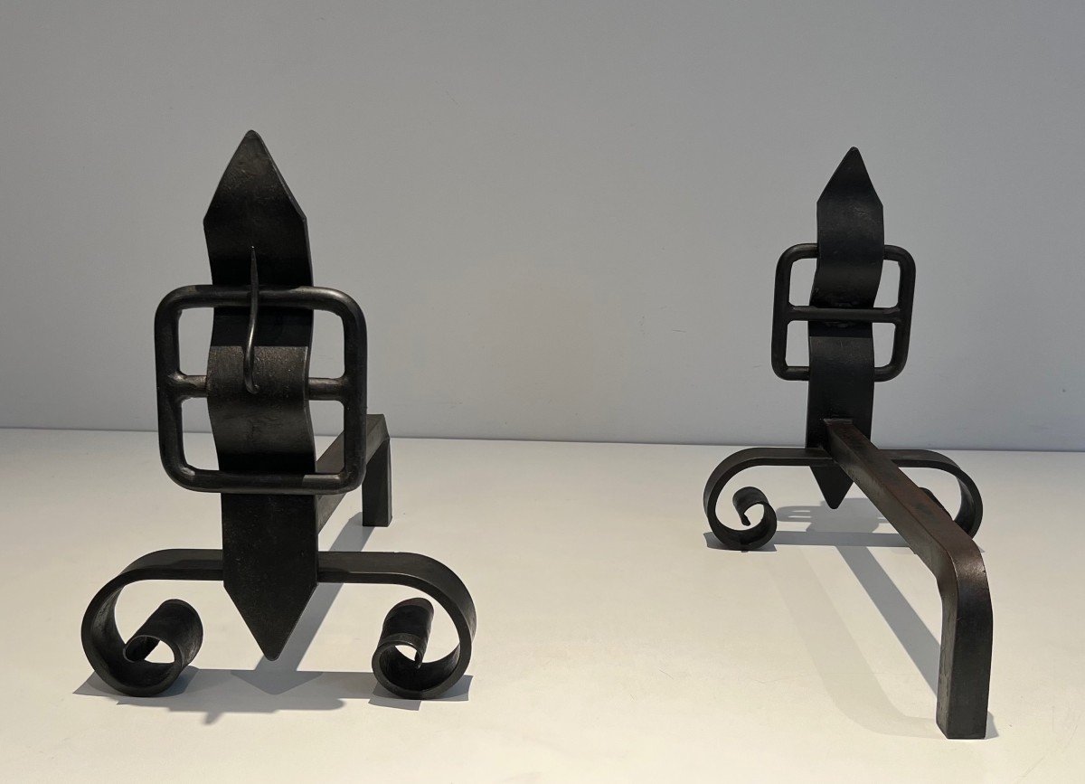 Pair Of Modernist Andirons Representing A Belt. French Work. Around 1950-photo-1
