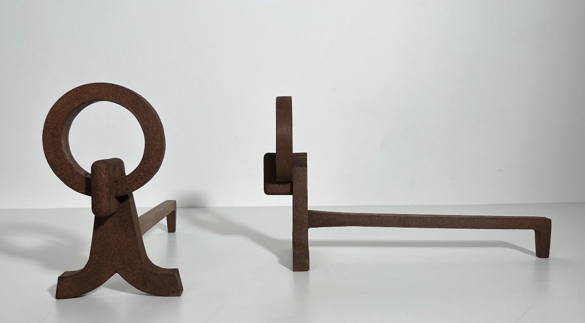 Pair Of Modernist Wrought Iron Andirons. French Work In The Taste Of Jacques Adnet. Towards-photo-4
