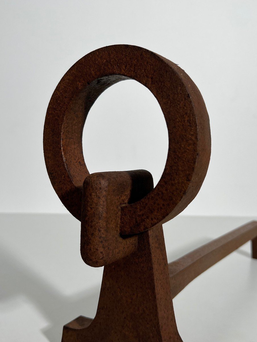 Pair Of Modernist Wrought Iron Andirons. French Work In The Taste Of Jacques Adnet. Towards-photo-5