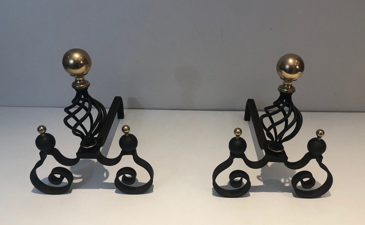 Pair Of Wrought Iron Andirons Topped With A Brass Ball. French Work. Around 1970-photo-2