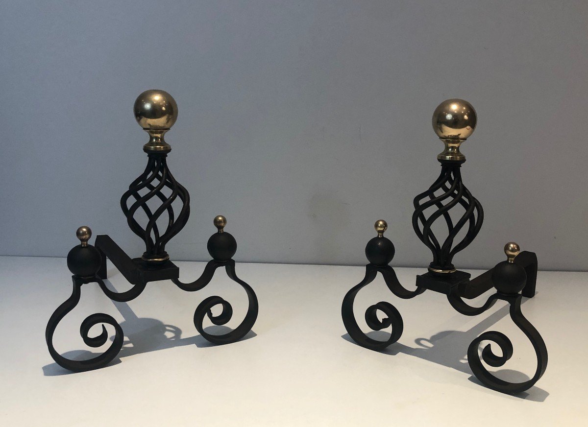 Pair Of Wrought Iron Andirons Topped With A Brass Ball. French Work. Around 1970-photo-3
