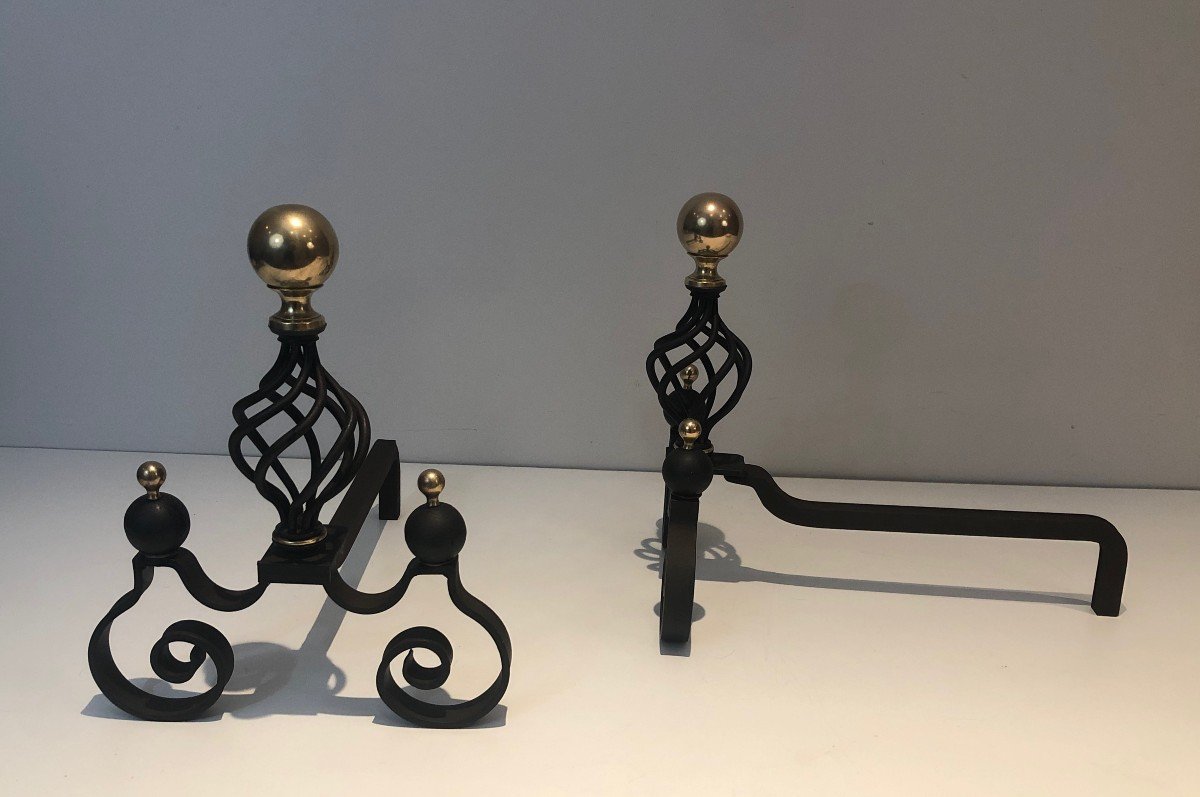 Pair Of Wrought Iron Andirons Topped With A Brass Ball. French Work. Around 1970-photo-1