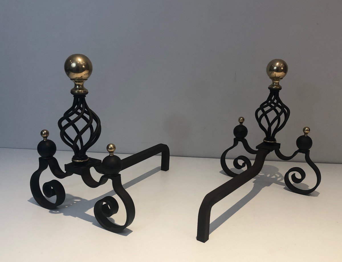 Pair Of Wrought Iron Andirons Topped With A Brass Ball. French Work. Around 1970-photo-2