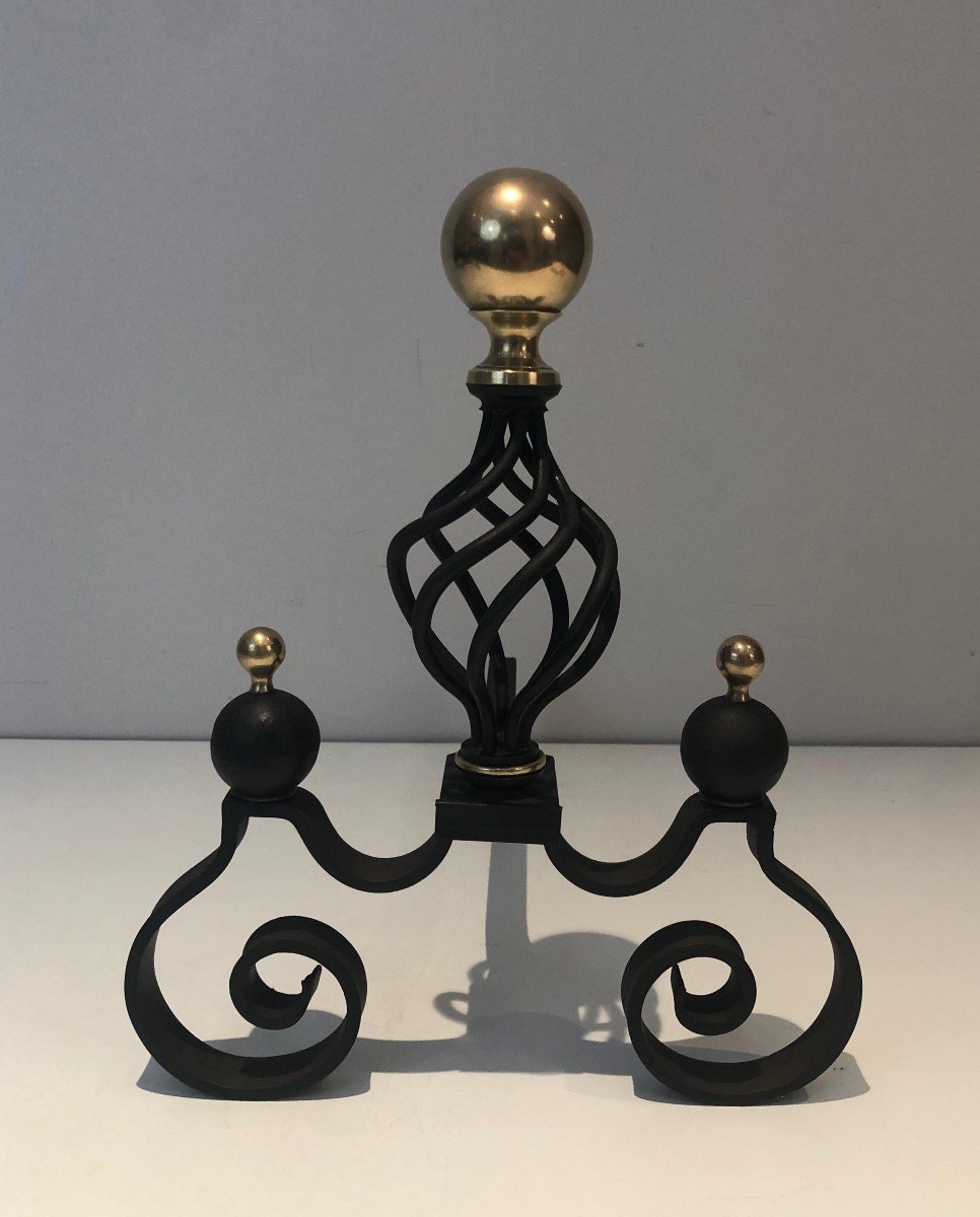 Pair Of Wrought Iron Andirons Topped With A Brass Ball. French Work. Around 1970-photo-4