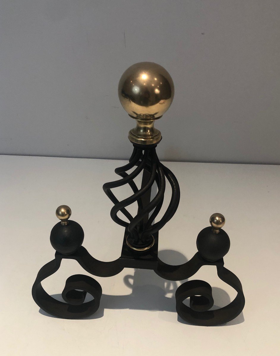 Pair Of Wrought Iron Andirons Topped With A Brass Ball. French Work. Around 1970-photo-5