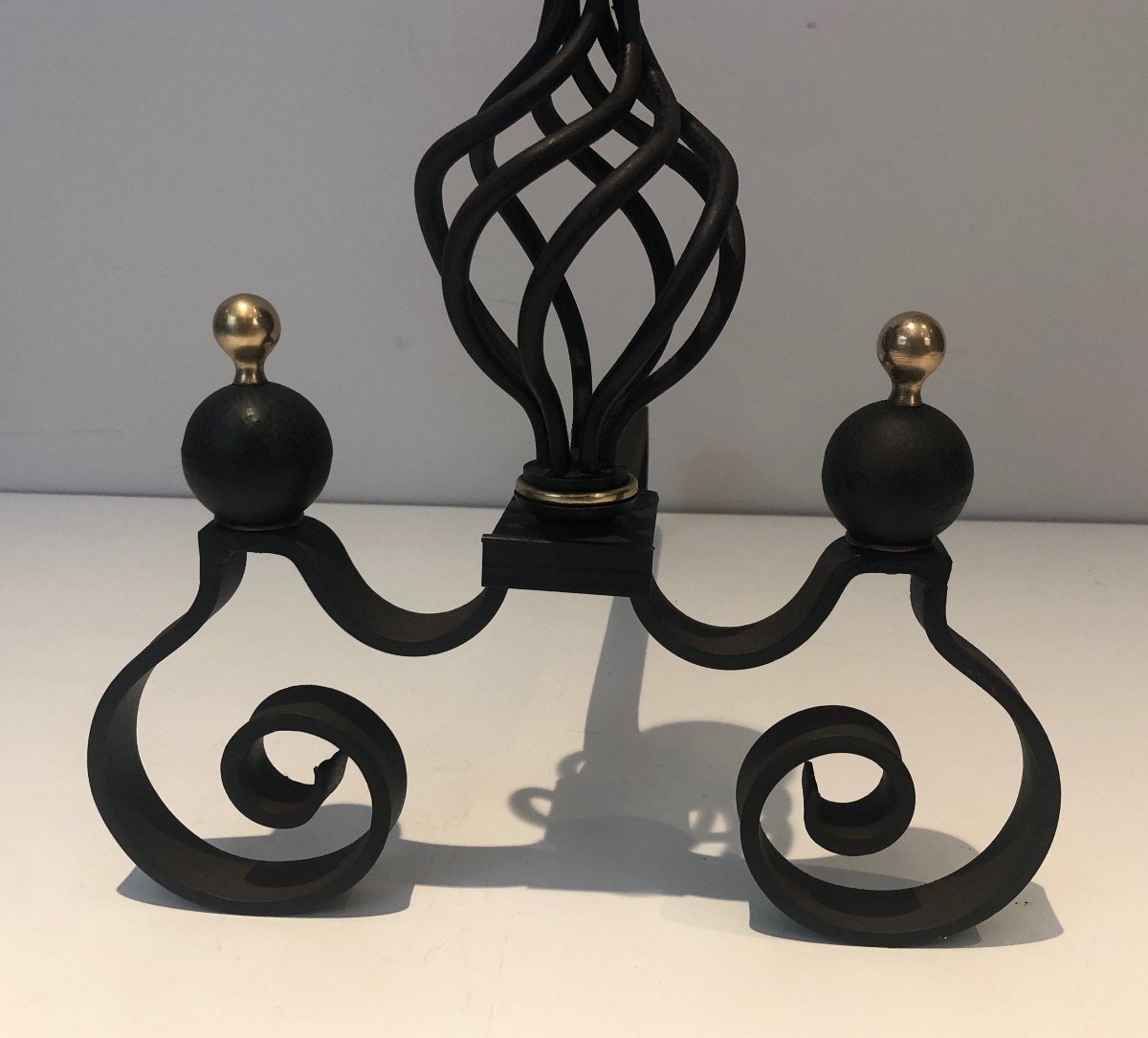 Pair Of Wrought Iron Andirons Topped With A Brass Ball. French Work. Around 1970-photo-7