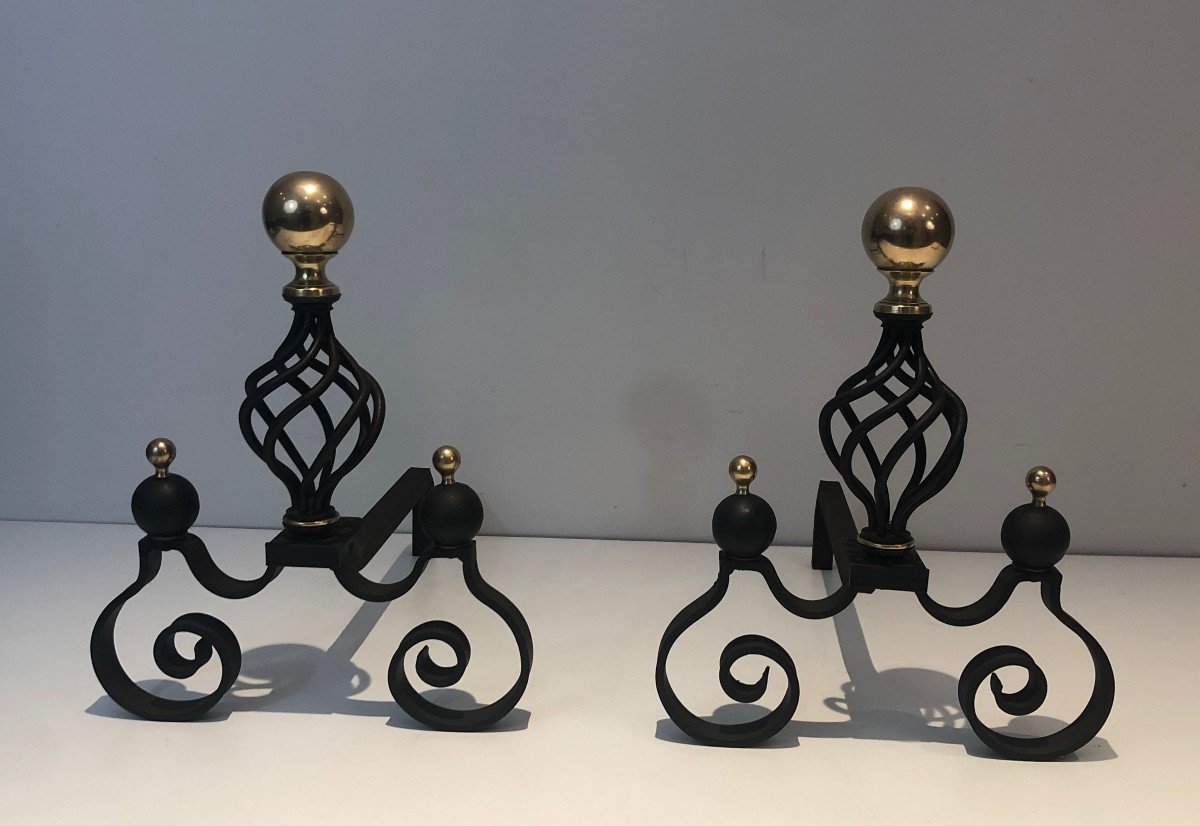 Pair Of Wrought Iron Andirons Topped With A Brass Ball. French Work. Around 1970-photo-8