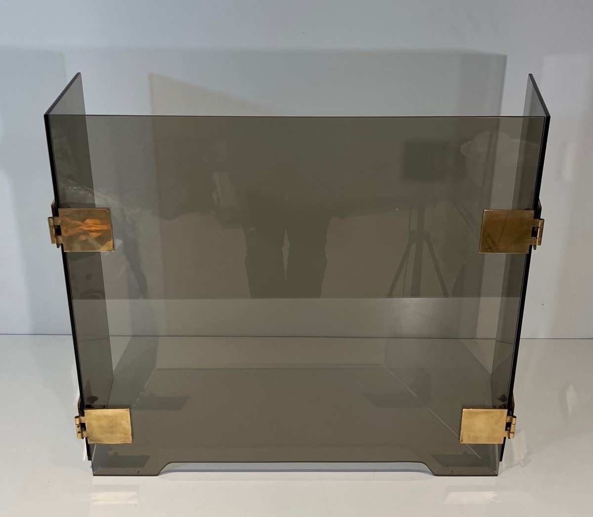 Fireplace Screen With Three Smocked Glass Panels And Brass Hinges. French Work. Circa 1970-photo-1