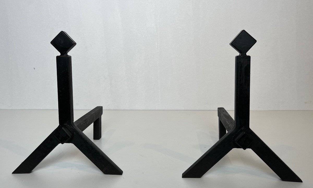 Pair Of Modernist Steel Andirons. French Work. Around 1950-photo-1