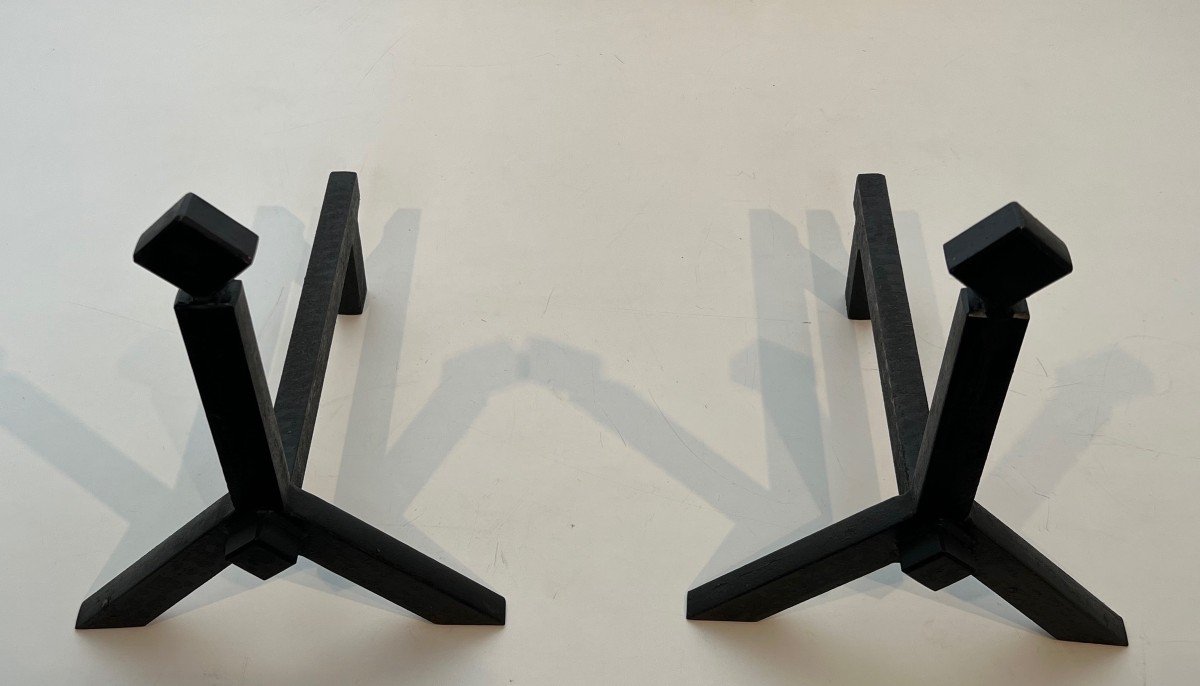Pair Of Modernist Steel Andirons. French Work. Around 1950-photo-2