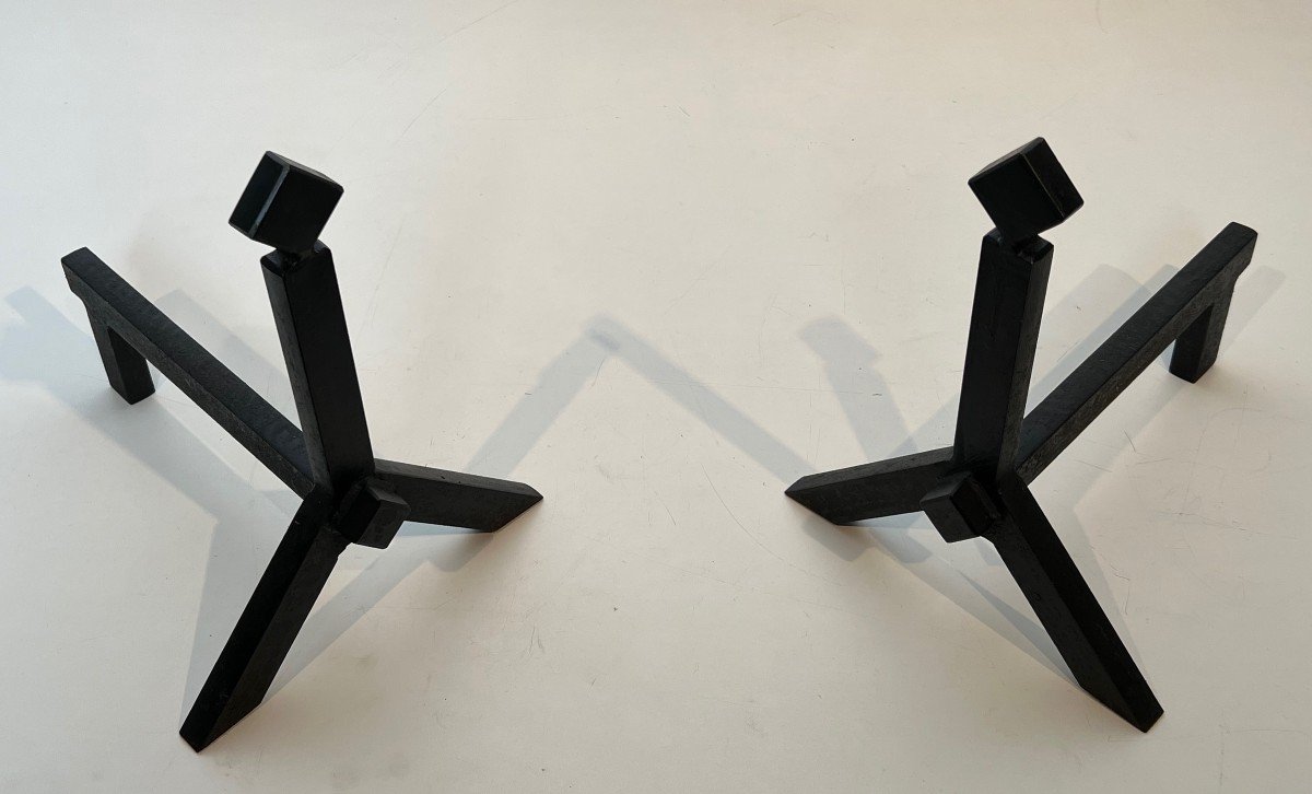 Pair Of Modernist Steel Andirons. French Work. Around 1950-photo-3