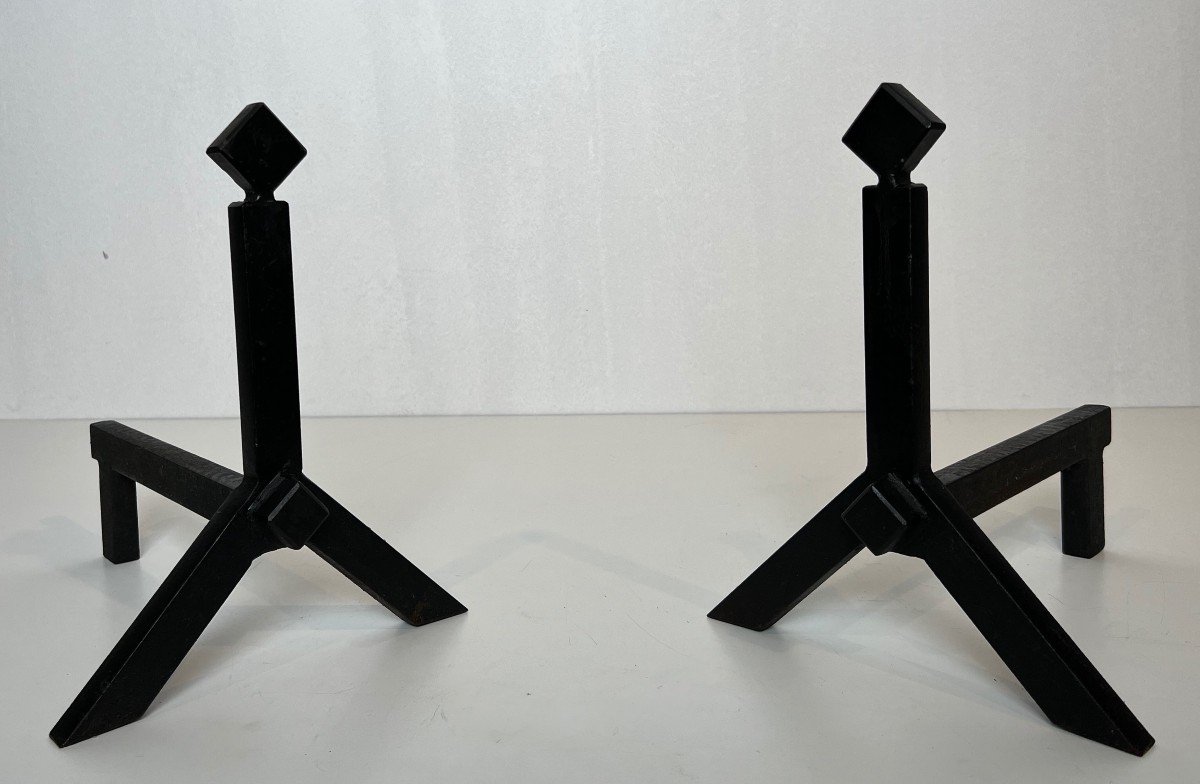 Pair Of Modernist Steel Andirons. French Work. Around 1950-photo-8