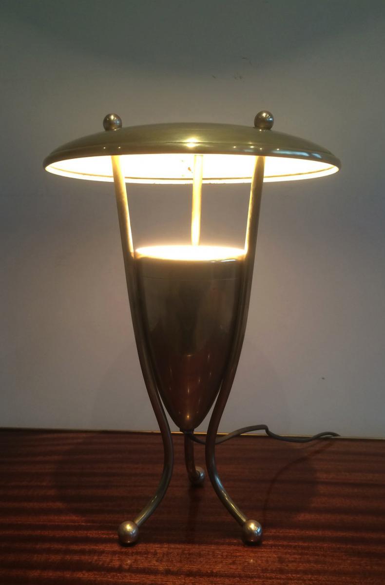 Lampe Tripode En Laiton à réflecteur circulaire. Vers 1950-photo-4