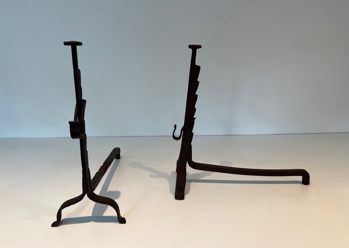 Pair Of Wrought Iron Andirons With Rack. French Work. Around 1900-photo-3