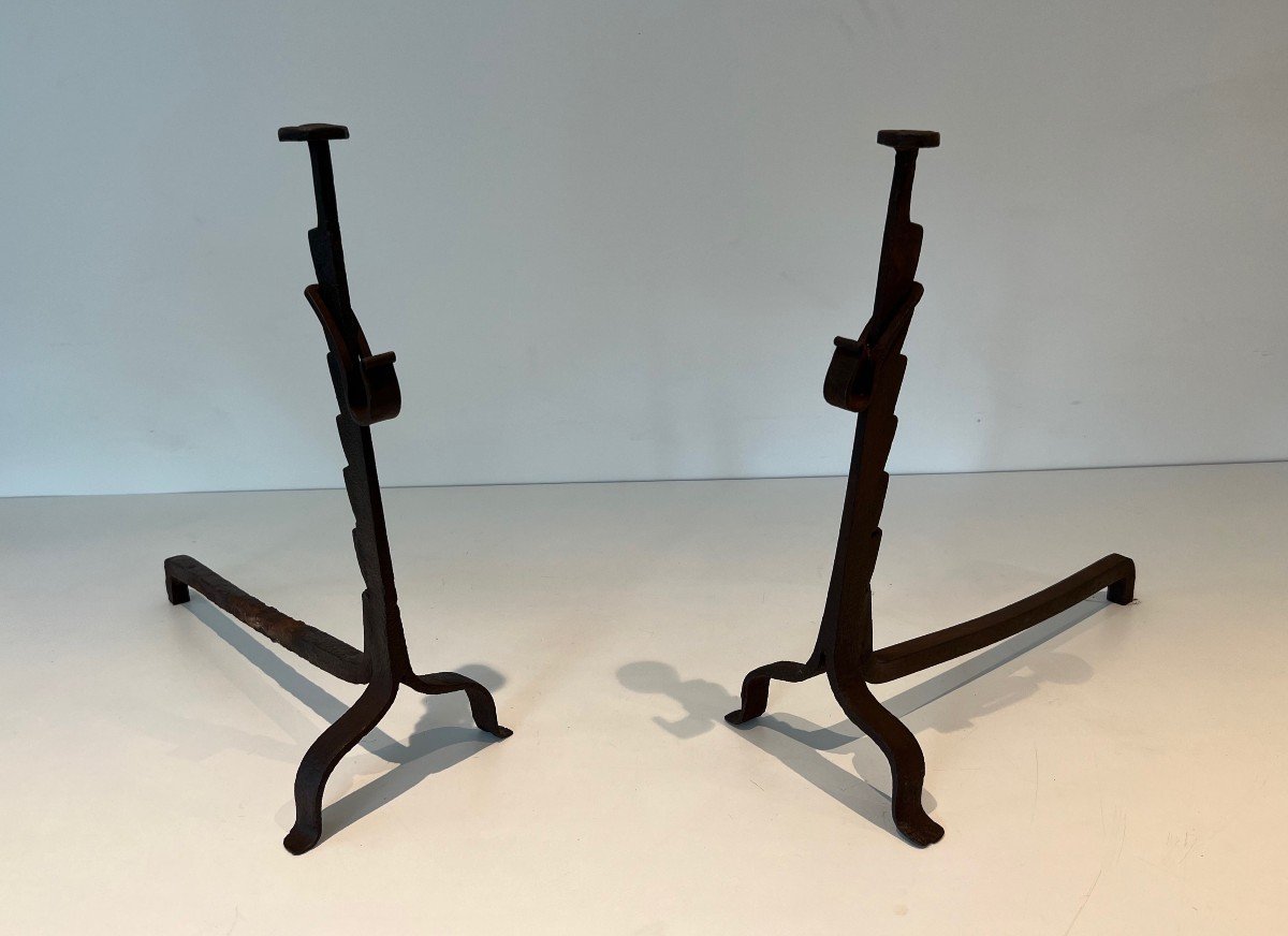 Pair Of Wrought Iron Andirons With Rack. French Work. Around 1900-photo-7