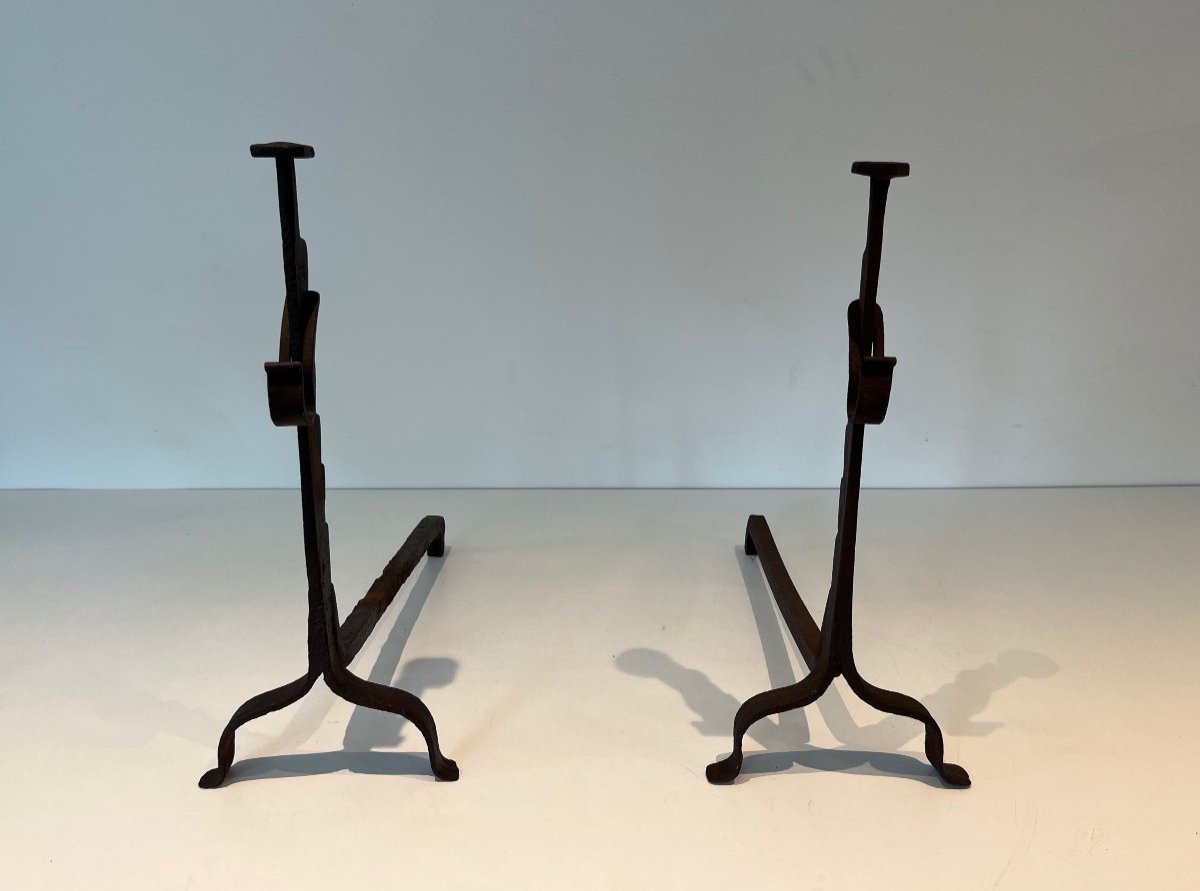 Pair Of Wrought Iron Andirons With Rack. French Work. Around 1900