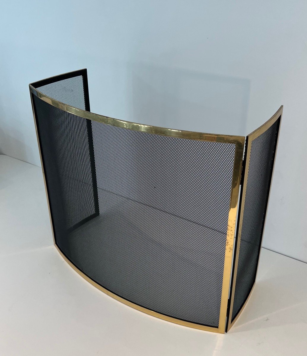 Design Curved Brass Fireplace Screen. French Work. Circa 1970-photo-1