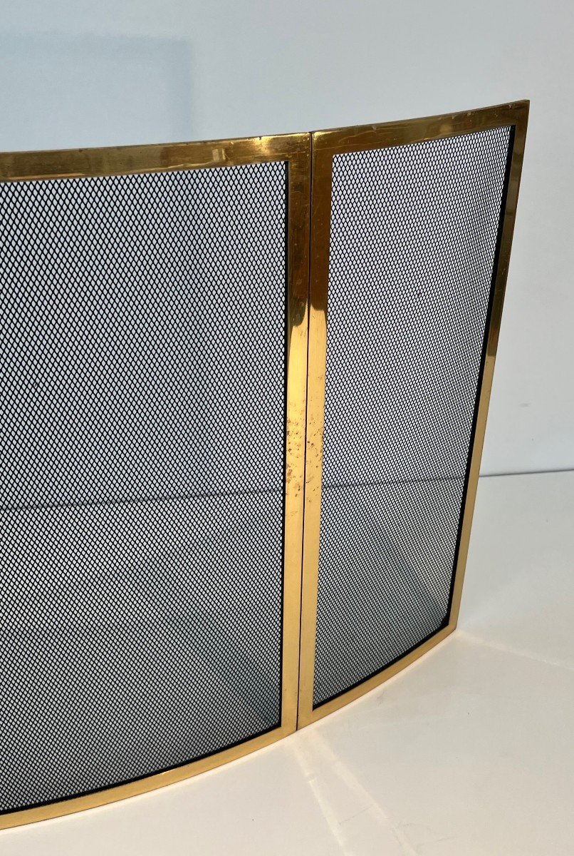 Design Curved Brass Fireplace Screen. French Work. Circa 1970-photo-4