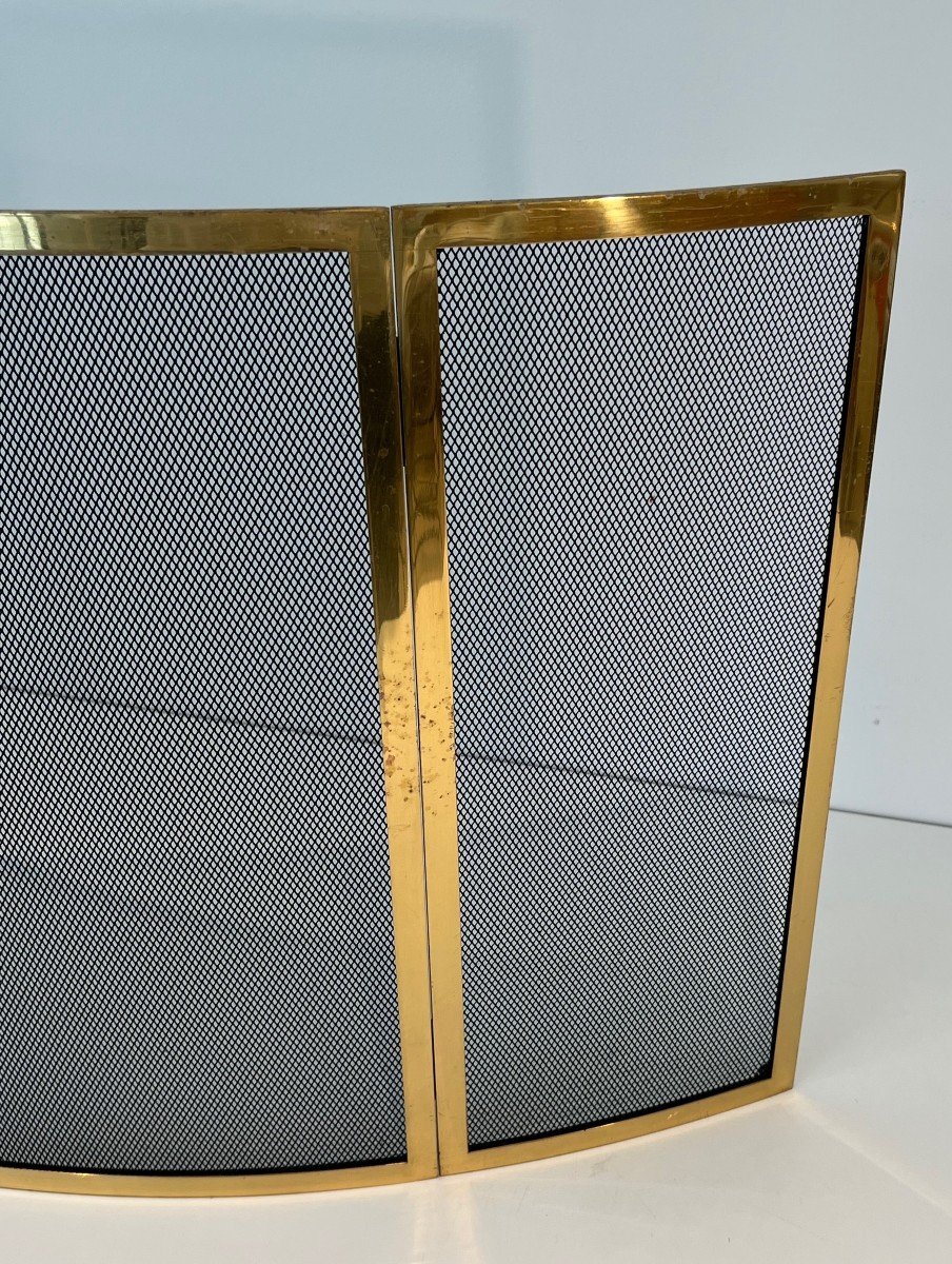 Design Curved Brass Fireplace Screen. French Work. Circa 1970-photo-5