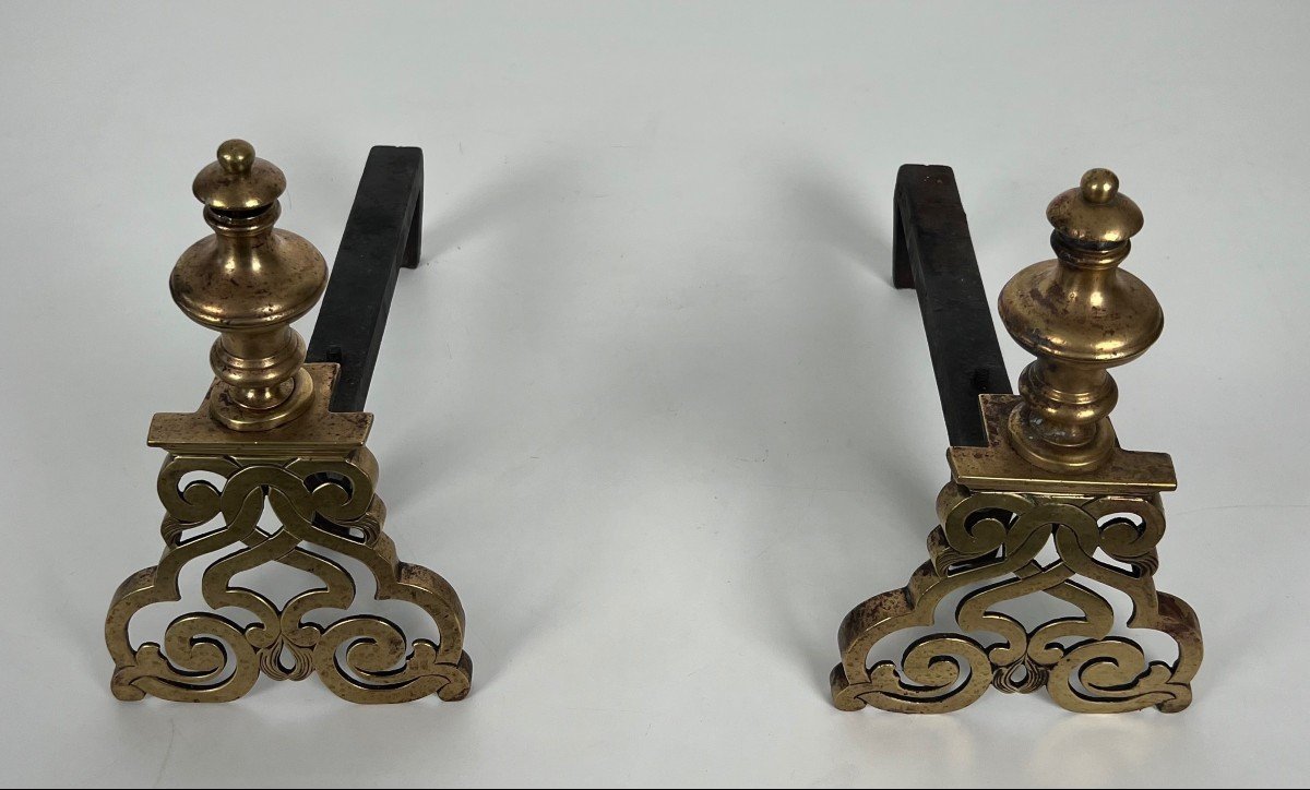 Pair Of Chiseled Bronze And Wrought Iron Andirons. French Work In The Louis The 15th Style. 19th Century-photo-2