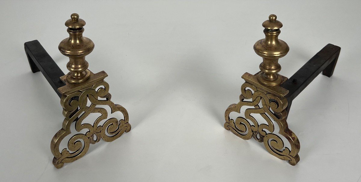 Pair Of Chiseled Bronze And Wrought Iron Andirons. French Work In The Louis The 15th Style. 19th Century-photo-3