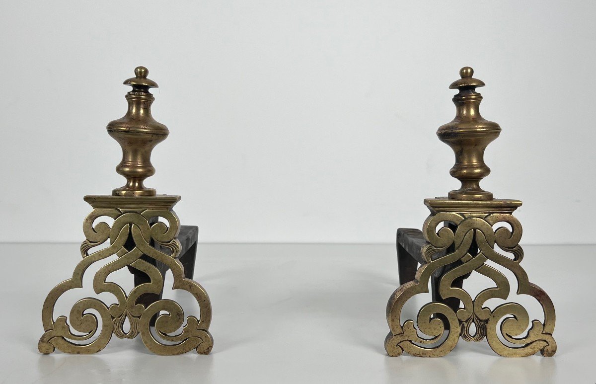 Pair Of Chiseled Bronze And Wrought Iron Andirons. French Work In The Louis The 15th Style. 19th Century-photo-4