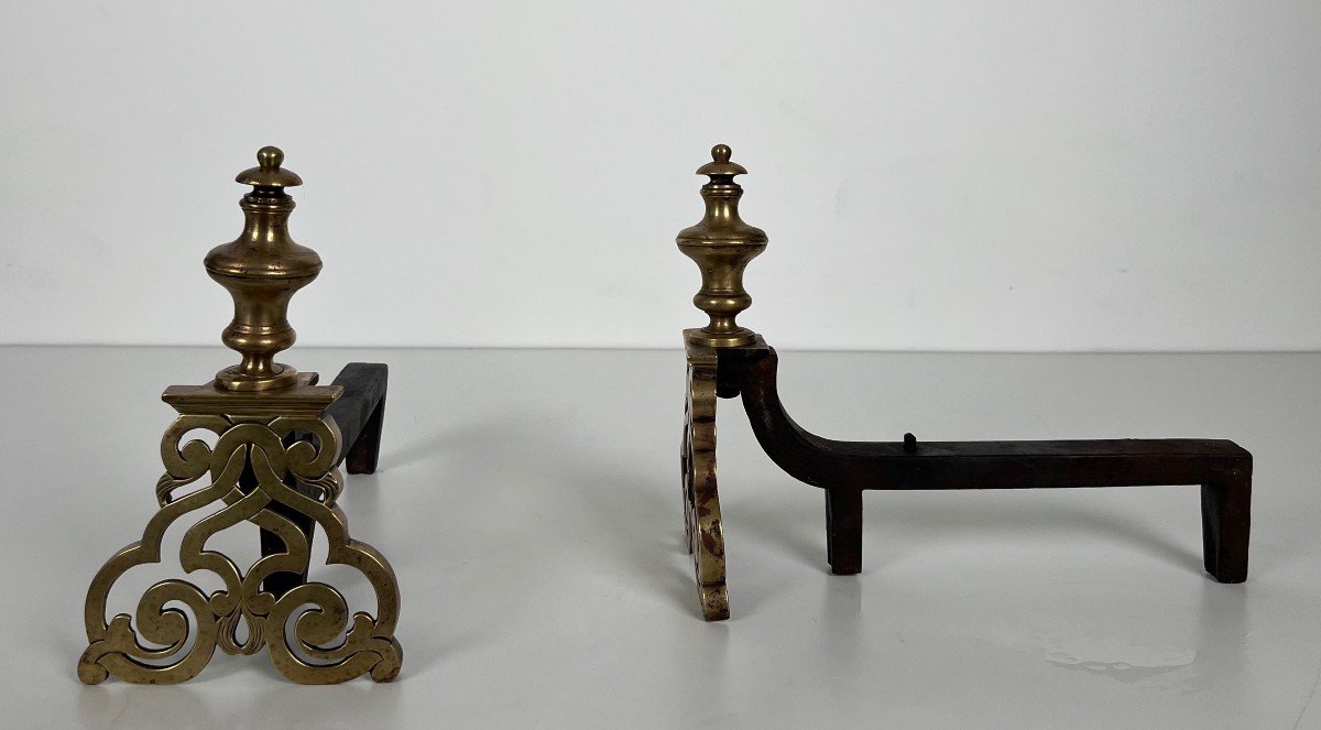 Pair Of Chiseled Bronze And Wrought Iron Andirons. French Work In The Louis The 15th Style. 19th Century-photo-2