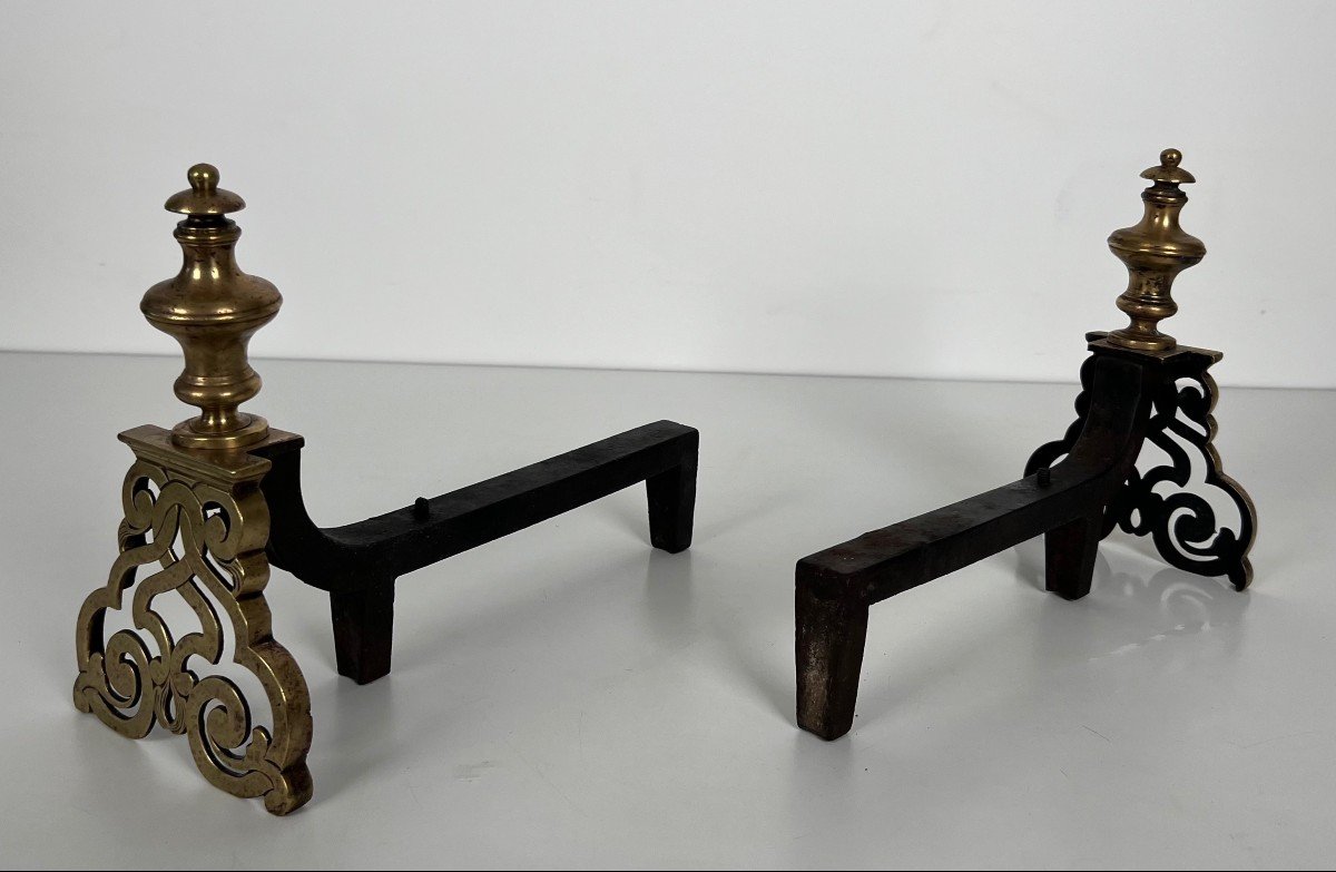 Pair Of Chiseled Bronze And Wrought Iron Andirons. French Work In The Louis The 15th Style. 19th Century-photo-3