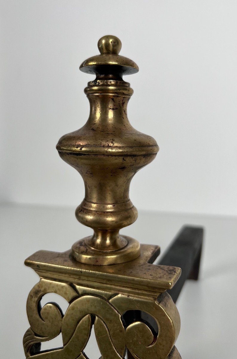 Paire De Chenets En Bronze Ciselé Et Fer Forgé De Style Louis XV. XIXème Siècle-photo-6