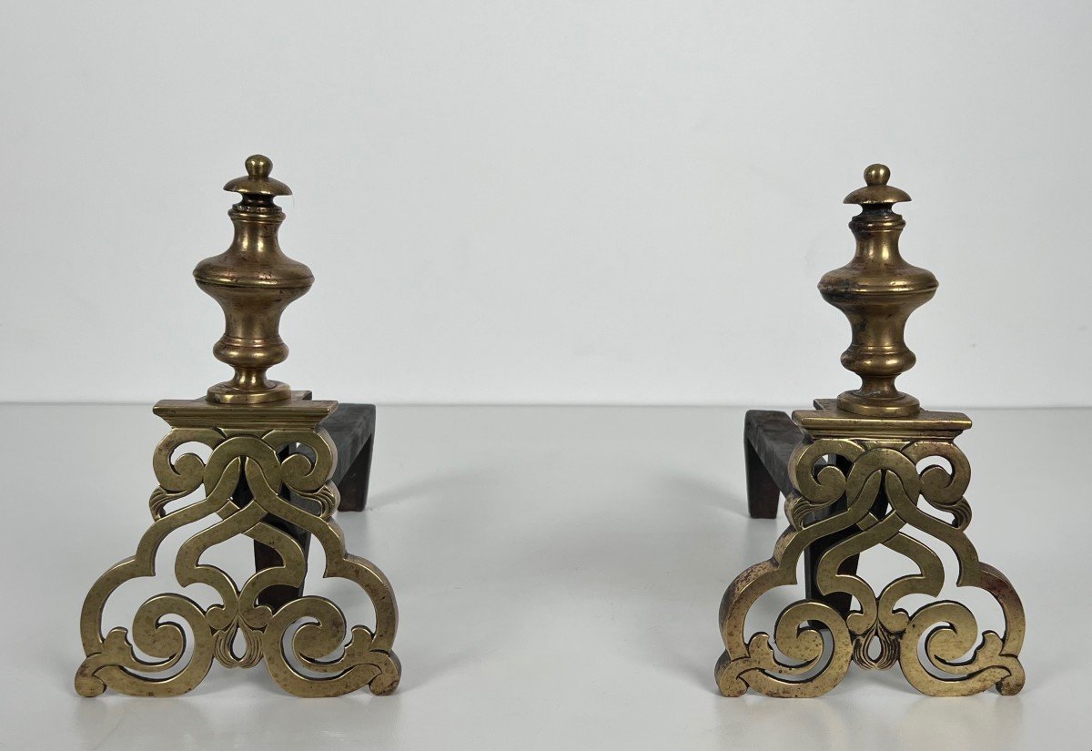 Pair Of Chiseled Bronze And Wrought Iron Andirons. French Work In The Louis The 15th Style. 19th Century