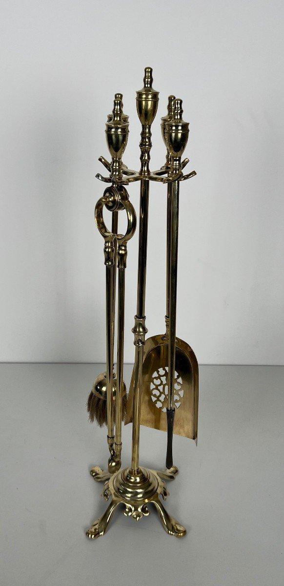 Neoclassical Style Brass Fireplace Tools On Stand. French Work. Circa 1940-photo-2