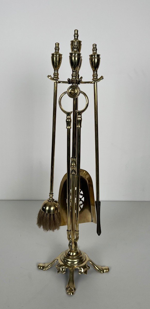 Neoclassical Style Brass Fireplace Tools On Stand. French Work. Circa 1940-photo-8