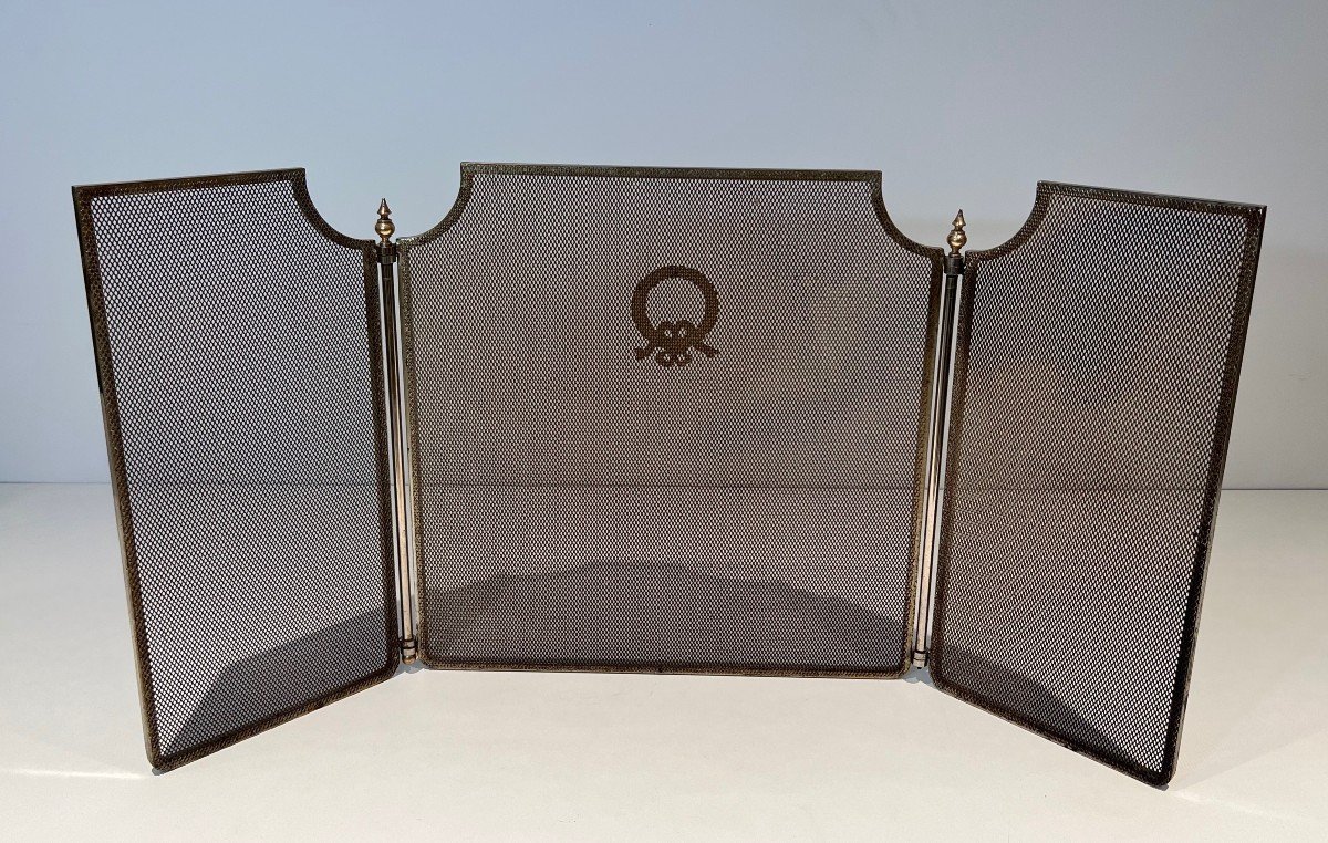 Neoclassical Style Steel, Brass And Grilling Fireplace Screen With 3 Panels Decorated With A Laurel Wreath In The Central Part. French Work. Circa 1940-photo-3