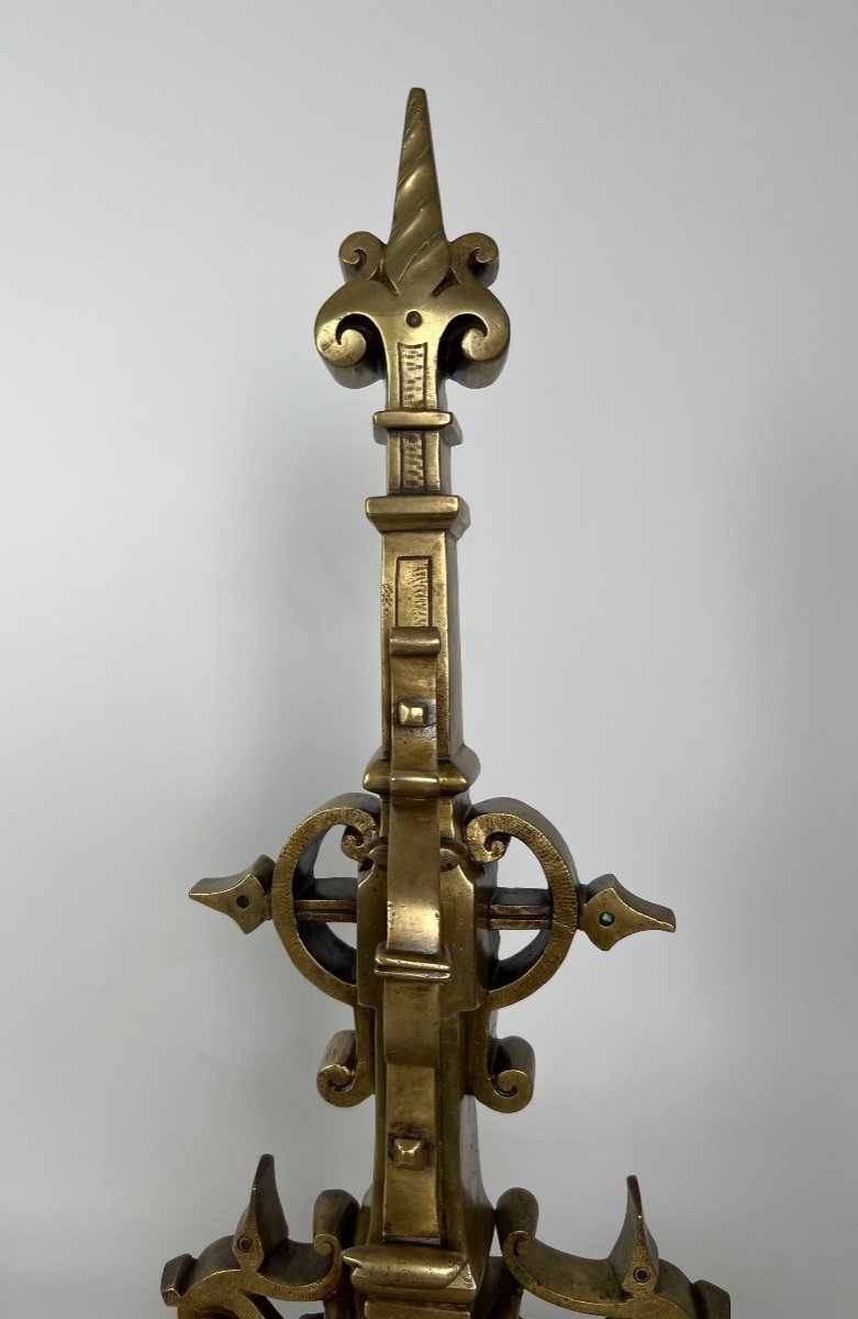 Importante Parure De Cheminée En Bronze Composée d'Une Paire De Chenets En Bronze -photo-4