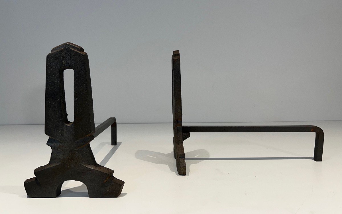 Pair Of Modernist Cast Iron And Wrought Iron Andirons. French Work. Circa 1940-photo-1