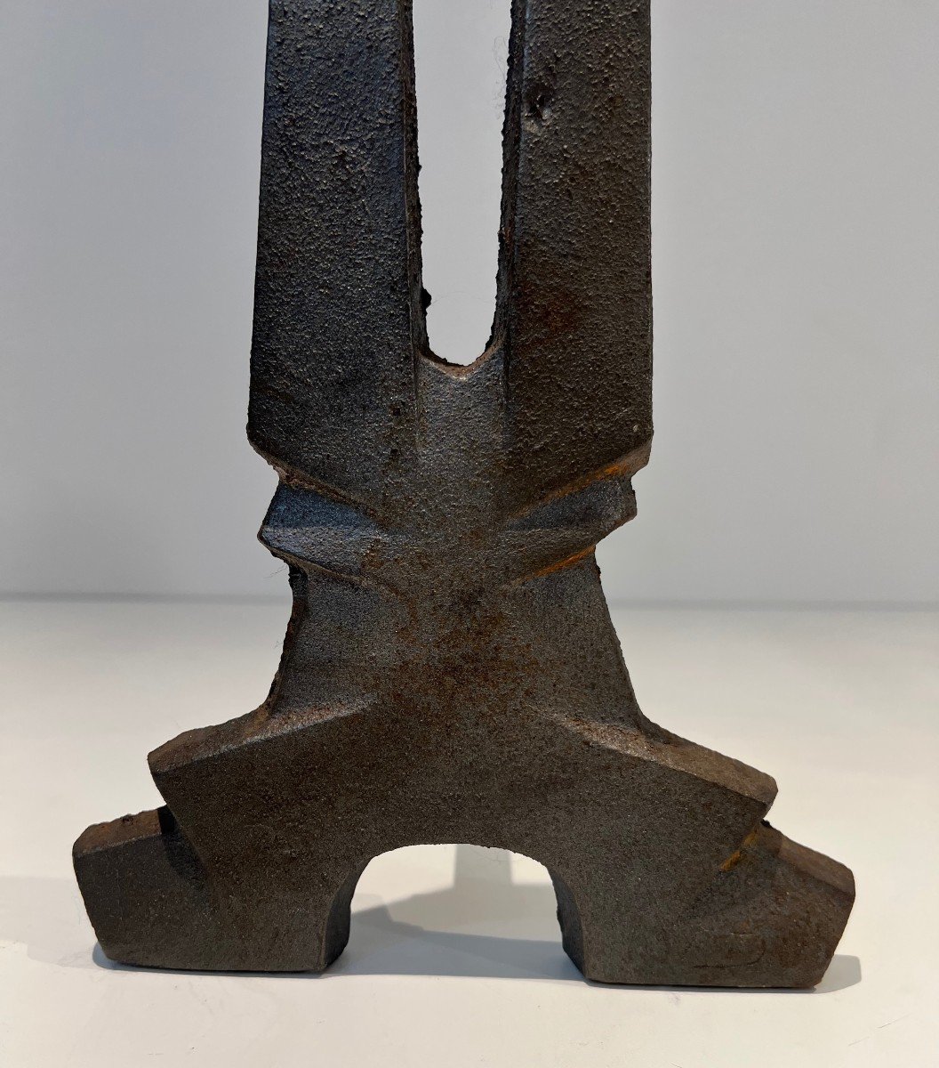 Pair Of Modernist Cast Iron And Wrought Iron Andirons. French Work. Circa 1940-photo-7