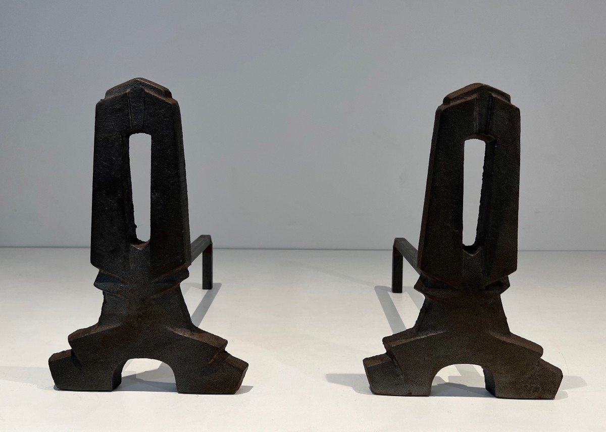 Pair Of Modernist Cast Iron And Wrought Iron Andirons. French Work. Circa 1940